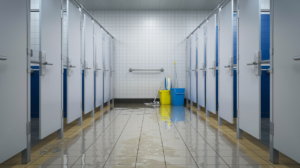 commercial restroom with water on the floor