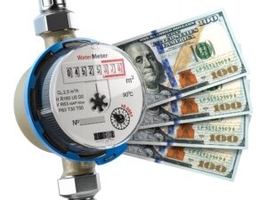 Water meter with dollar money. Water consumption, cost of utilities and saving concept. 3d illustration