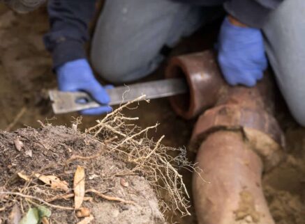 digging tree roots out of old clogged clay ceramic sewer pipe