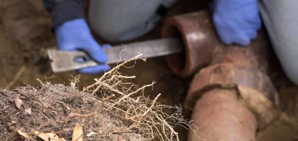 digging tree roots out of old clogged clay ceramic sewer pipe
