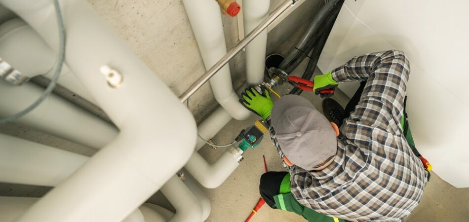 A plumber in a plaid shirt and cap uses tools to repair or install white pipes in a utility or mechanical room, delivering expert Plumbing Solutions in Gig Harbor.