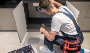 A plumber in overalls kneels in front of an open cabinet under a sink, holding a wrench, with a tool kit open on the floor nearby—just another day for plumbers in Olympia solving household plumbing issues.