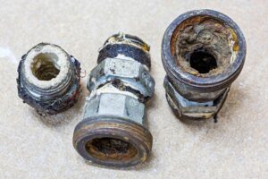 Three corroded and dirty pipe fittings are displayed on a textured surface, showing signs of rust and deterioration from wear.