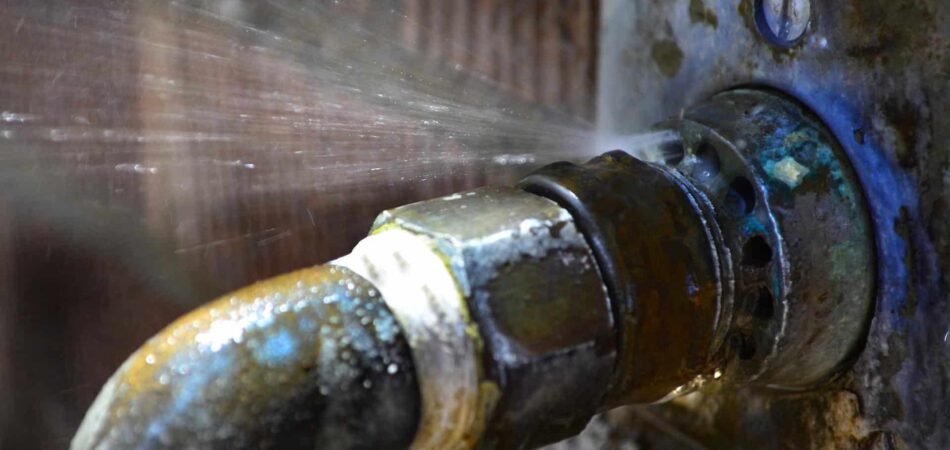 Close-up of a leaking pipe joint, with water spraying and droplets visible against a rustic background. Signs of corrosion are present.