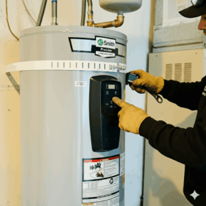 A person wearing gloves adjusts the controls on an heat pump water heater in a utility room.
