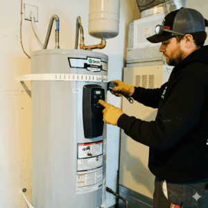 A technician wearing gloves and a headlamp adjusts the controls on a residential heat pump water heater in a utility room.