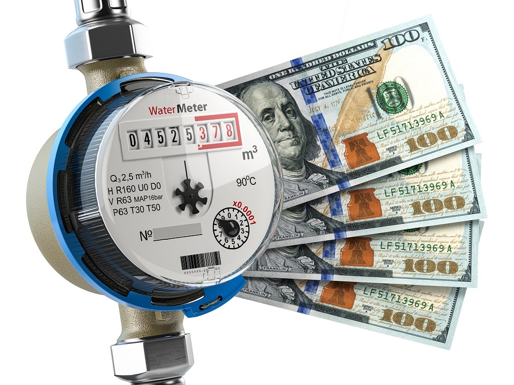 Water meter with dollar money. Water consumption, cost of utilities and saving concept. 3d illustration