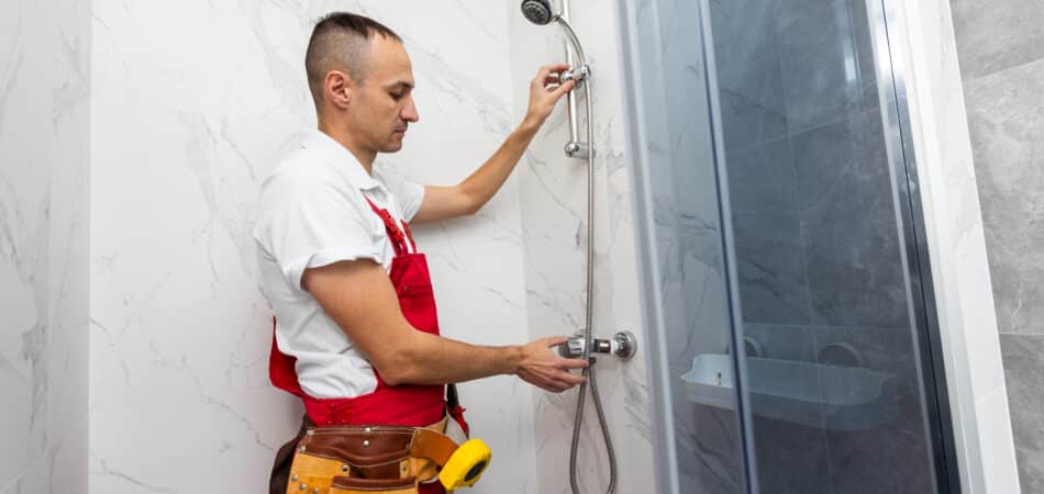Workers are installing glass door of the shower enclosure. High quality photo