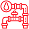 Red icon of a water pipe system with connected pipes, a valve, and a pressure gauge showing a droplet symbol.