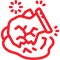 Red line drawing of hands scrubbing with soap and bubbles, symbolizing handwashing for cleanliness or hygiene.