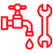 Red outline of a water faucet with a droplet and a wrench, symbolizing plumbing or faucet repair.