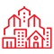 Red neon-style outline of various building types, including skyscrapers and houses, on a black background, conveying an urban modern theme.