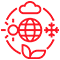 Red line icon of a globe with a sun, cloud, snowflake, and leaf surrounding it, representing global climate or environmental conditions.