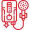 Red line drawing of an electric water heater unit with a connected handheld showerhead.