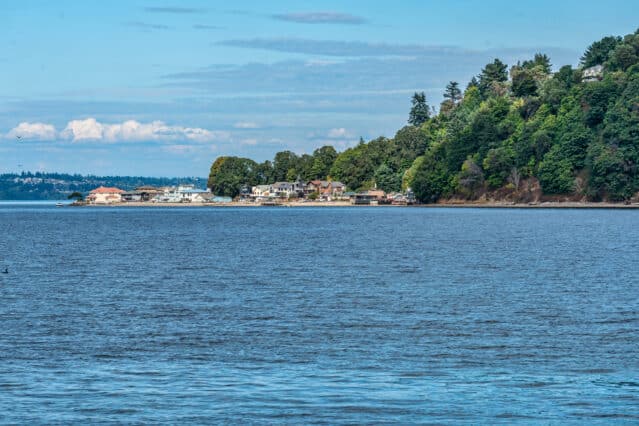 A calm body of water with a shoreline featuring houses and dense green trees under a partly cloudy sky.