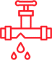Red outline icon of a water pipe with a valve and three droplets falling below, indicating a leaking pipe.