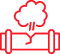 Red outline icon of a broken pipe with a crack in the center and steam or gas escaping from the break.