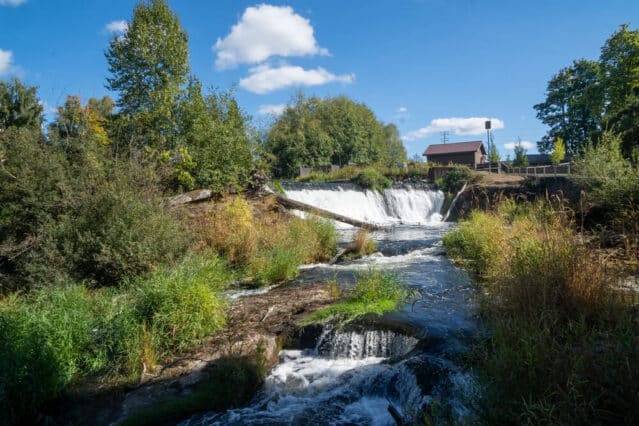 A river with cascading waterfalls surrounded by lush green trees and vegetation under a blue sky near Olympia.