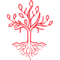 A stylized red tree with branches and roots forming a symmetrical, abstract design on a white background.