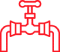Red outline illustration of a water faucet attached to two pipes with a valve handle on top.