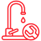 Red line icon of a faucet with a clock representing emergency plumbing services.