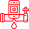 Red line drawing of a smartphone displaying a water droplet, connected to a pipe with a valve and a single drop falling beneath.