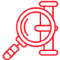 Red line icon of a magnifying glass inspecting a pipe representing sewer line inspection, repair, and replacement.