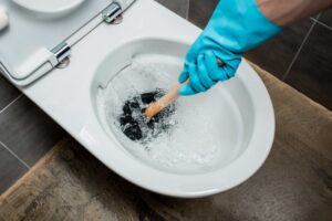 plumber using plunger in the toilet