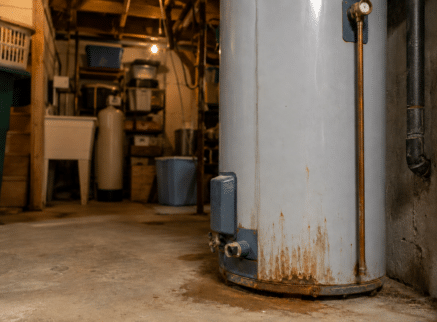 Basement utility room with water heater