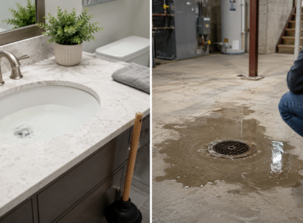Clogged drains in contrasting spaces