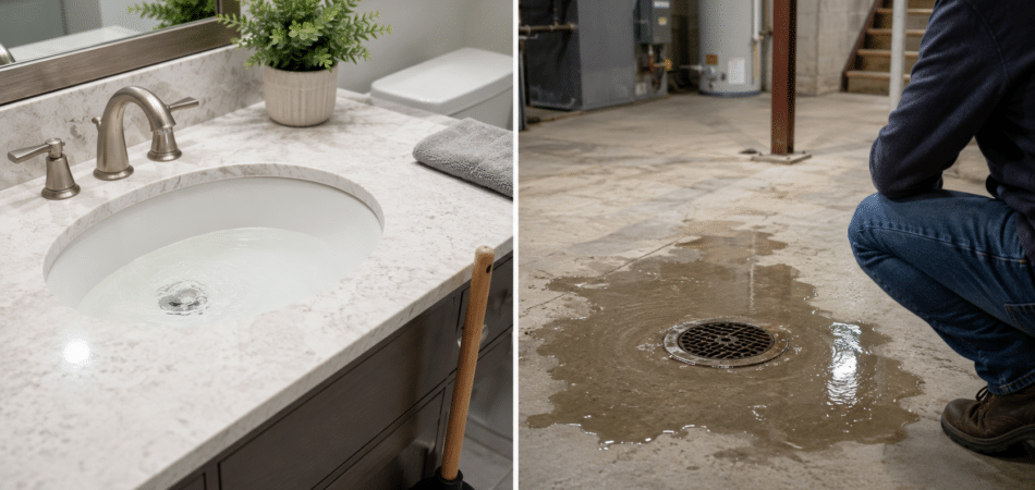 Clogged drains in contrasting spaces