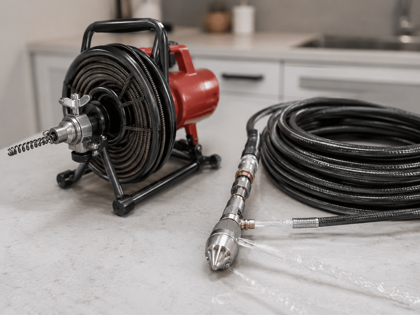 Marble countertop with plumbing tools
