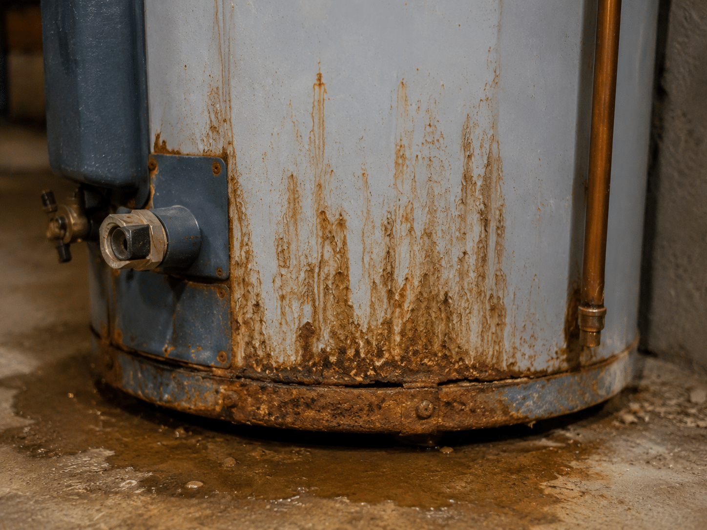Rusting water heater in utility room