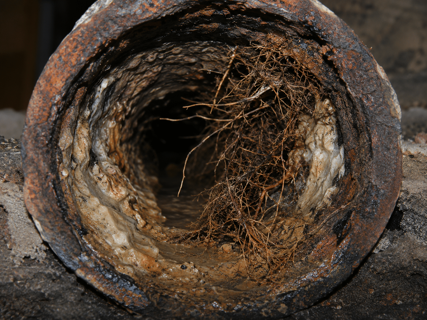 Rusty pipe with tangled roots