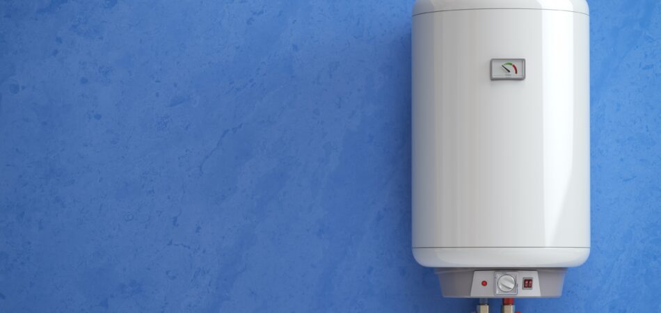 white water heater on a blue wall