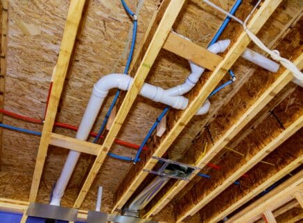 Home construction with hot red and cold blue pex pipe layout in pipes and exposed beams