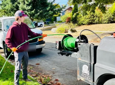 Spartan Plumbing technician pulling a green hydro-jetting hose from a trailer jetter in a residential driveway