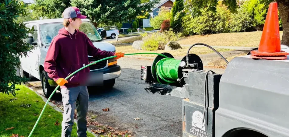 Spartan Plumbing technician pulling a green hydro-jetting hose from a trailer jetter in a residential driveway