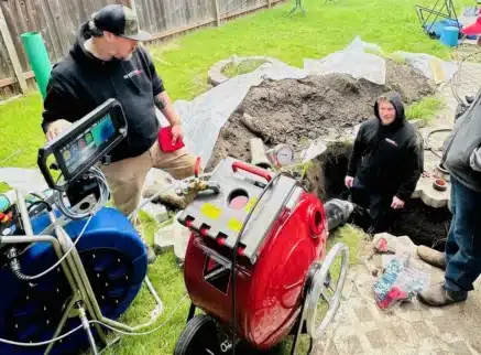 Spartan Plumbing crew at an open backyard sewer line trench with a sewer camera reel and lining machine
