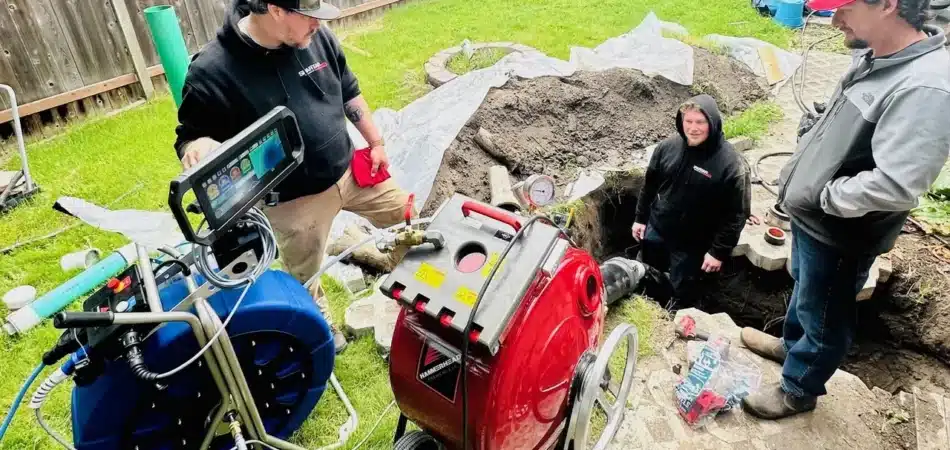 Spartan Plumbing crew at an open backyard sewer line trench with a sewer camera reel and lining machine