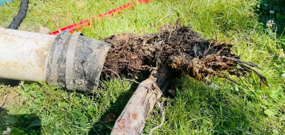 Tree roots pulled from inside a sewer pipe in Tacoma