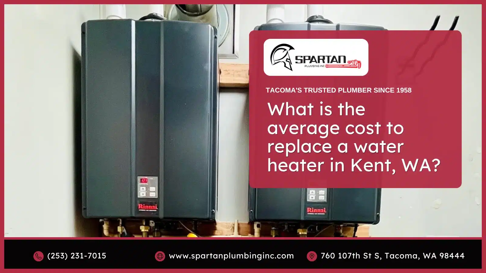 Title card asking the average cost to replace a water heater in Kent, WA, with two wall-mounted tankless water heaters